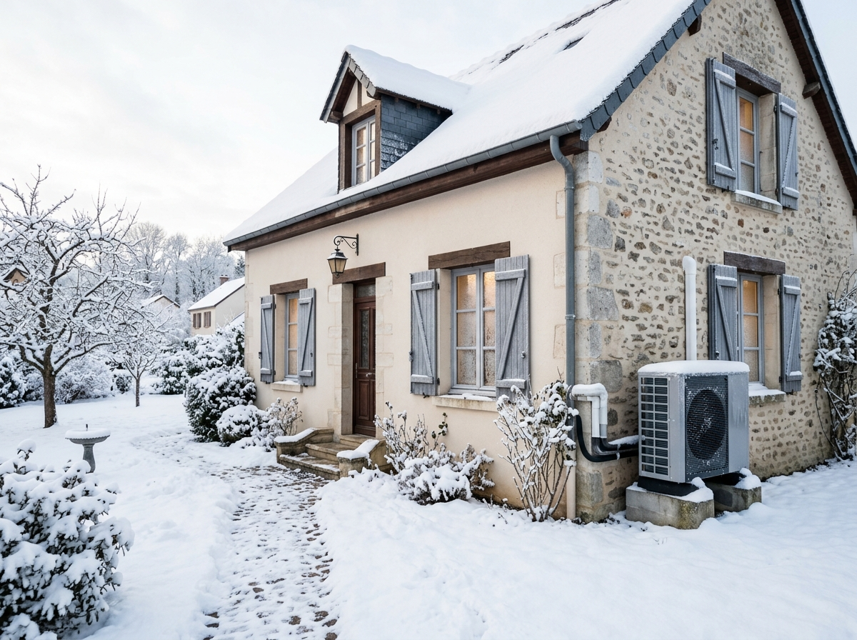 Façade de maison enneigée avec une pompe à chaleur visible sur le côté