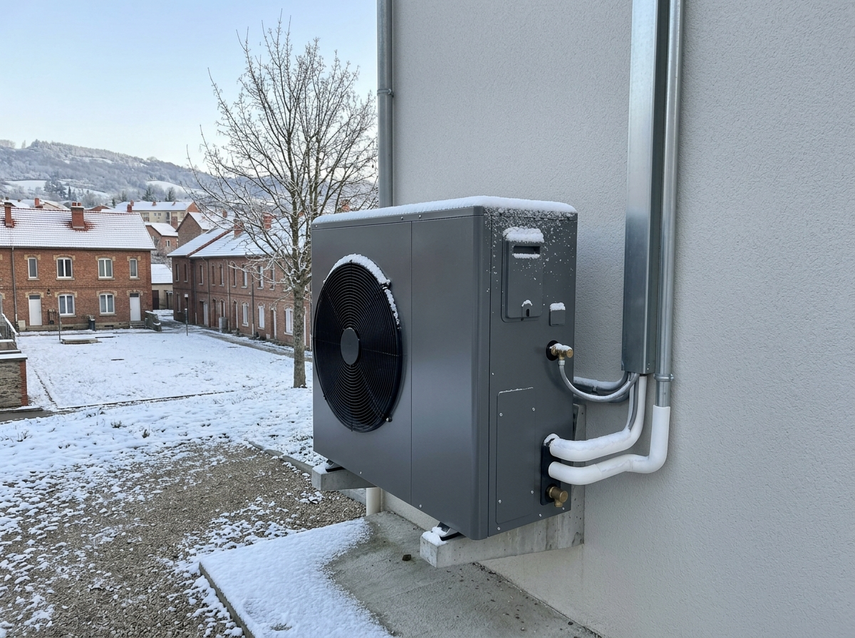 Gros plan sur une unité extérieure de pompe à chaleur avec de la neige et un peu de givre