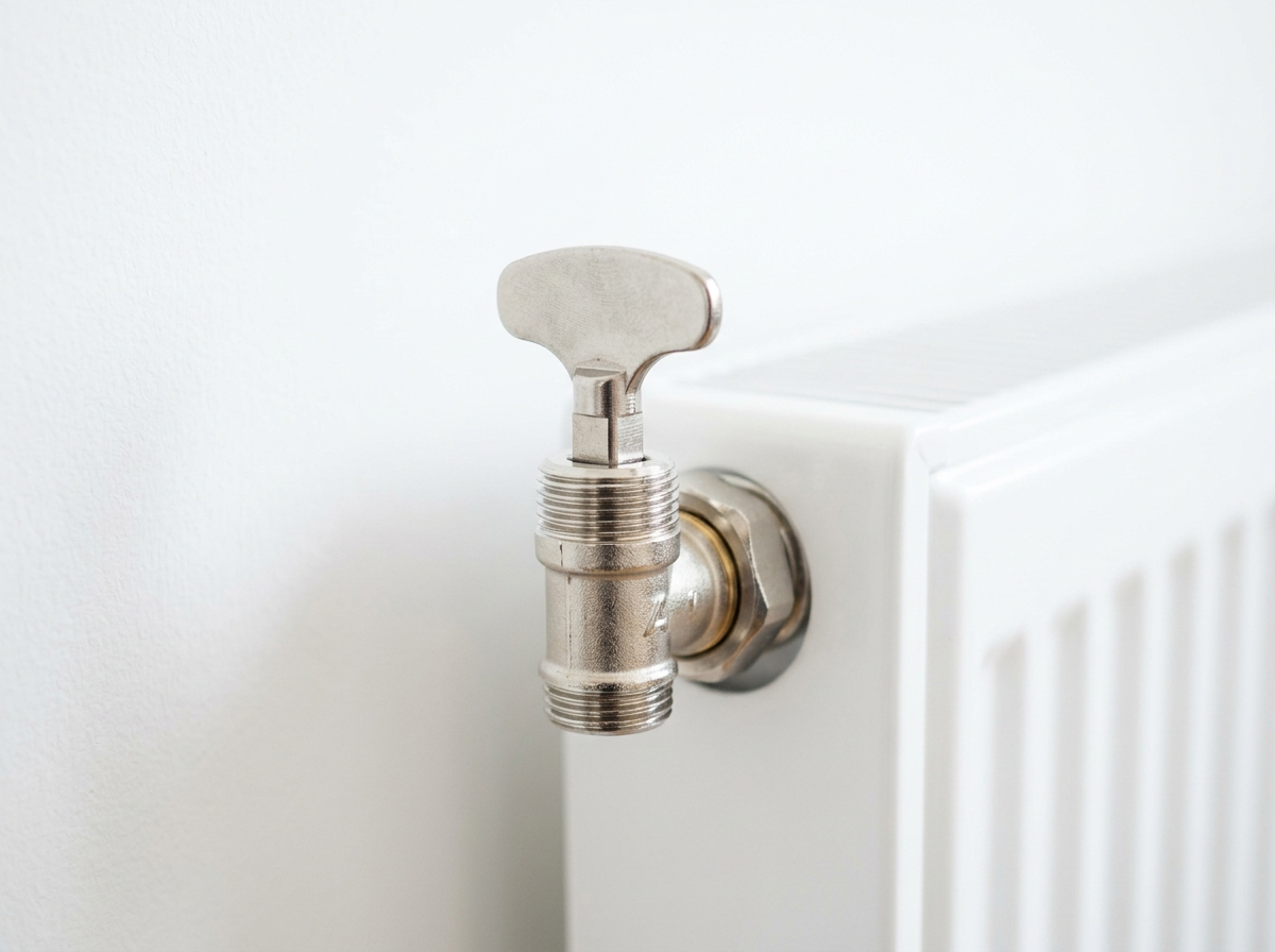 Gros plan très rapproché sur une vis de purge de radiateur avec une petite clé carrée insérée