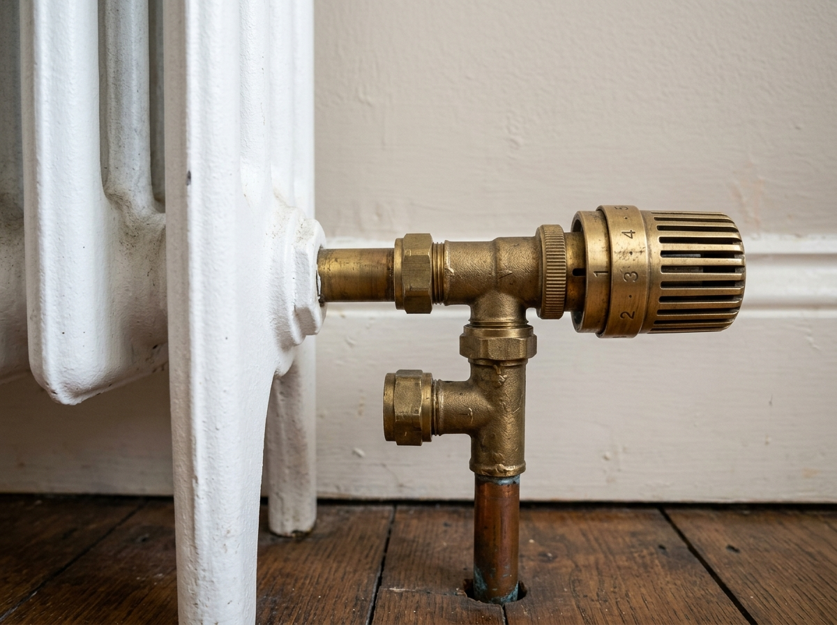 Gros plan sur un robinet thermostatique en laiton de radiateur et sa tuyauterie