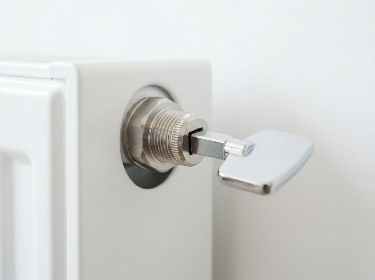 Gros plan très rapproché sur une clé de purge carrée insérée dans une vis de radiateur