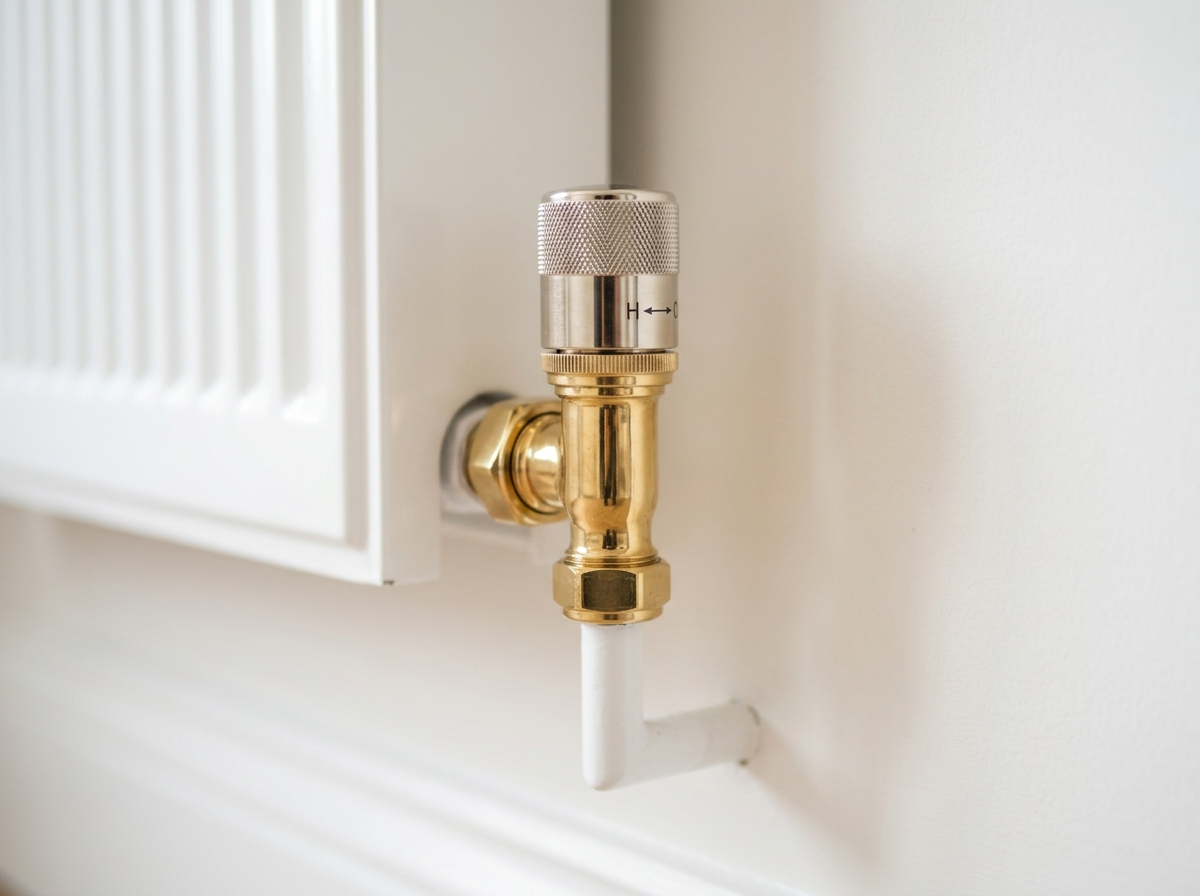 Gros plan sur un robinet thermostatique de radiateur en laiton
