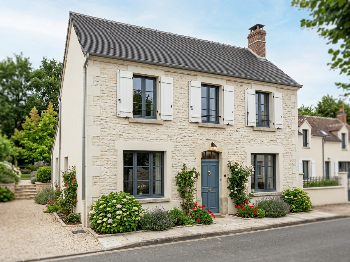 Façade de maison rénovée avec toiture et fenêtres refaites