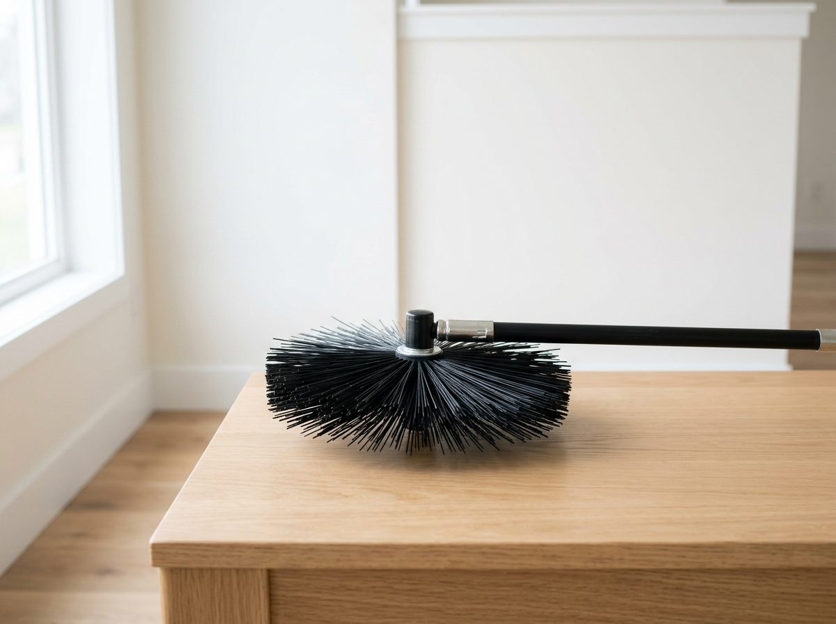 Gros plan sur une brosse de ramonage de conduit de cheminée